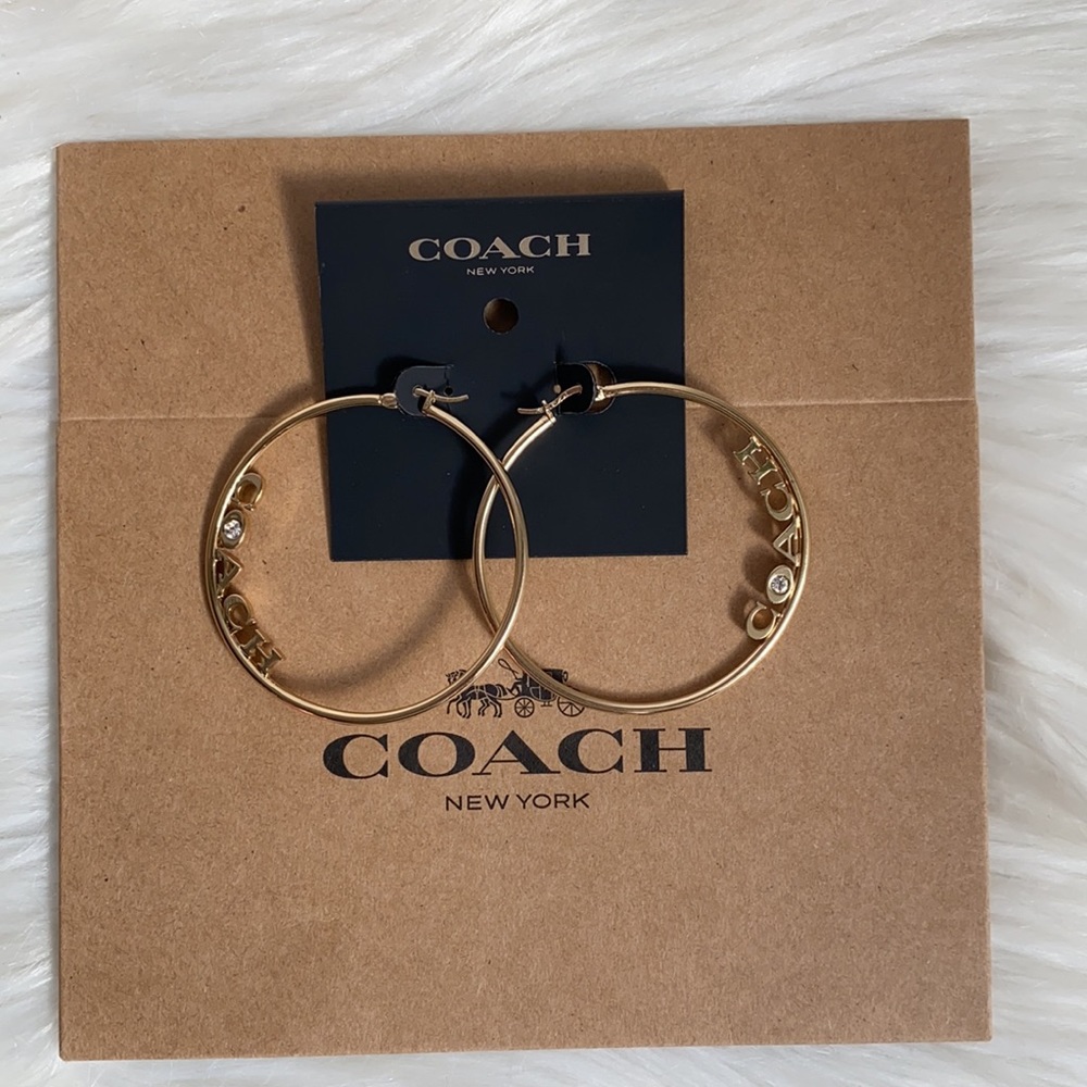 Coach X Jennifer Lopez Signature Hoops Earrings J-Lo Medium 2.25" Logo Gold - Picture 5 of 9